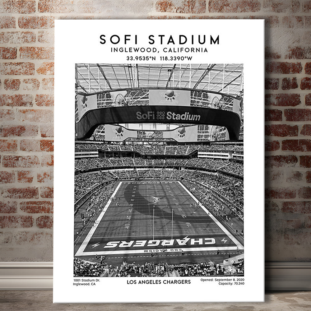 Sofi Stadium Black And White, Los Angeles Chargers Football Stadium Wall Art Print, Canvas Prints Wall Art, Man Cave Decor