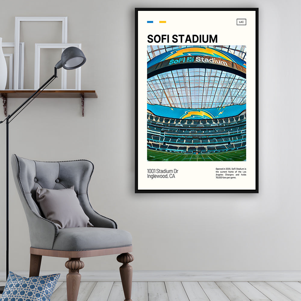 SoFi Stadium Print, Los Angeles Chargers Stadium Canvas Art, Man Cave Gift, Floating Framed Canvas Print Wall Art