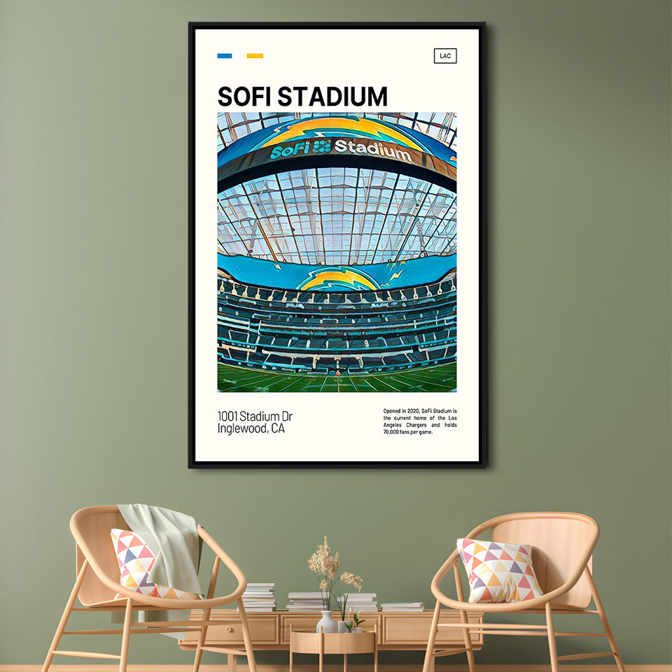 SoFi Stadium Print, Los Angeles Chargers Stadium Canvas Art, Man Cave Gift, Floating Framed Canvas Print Wall Art