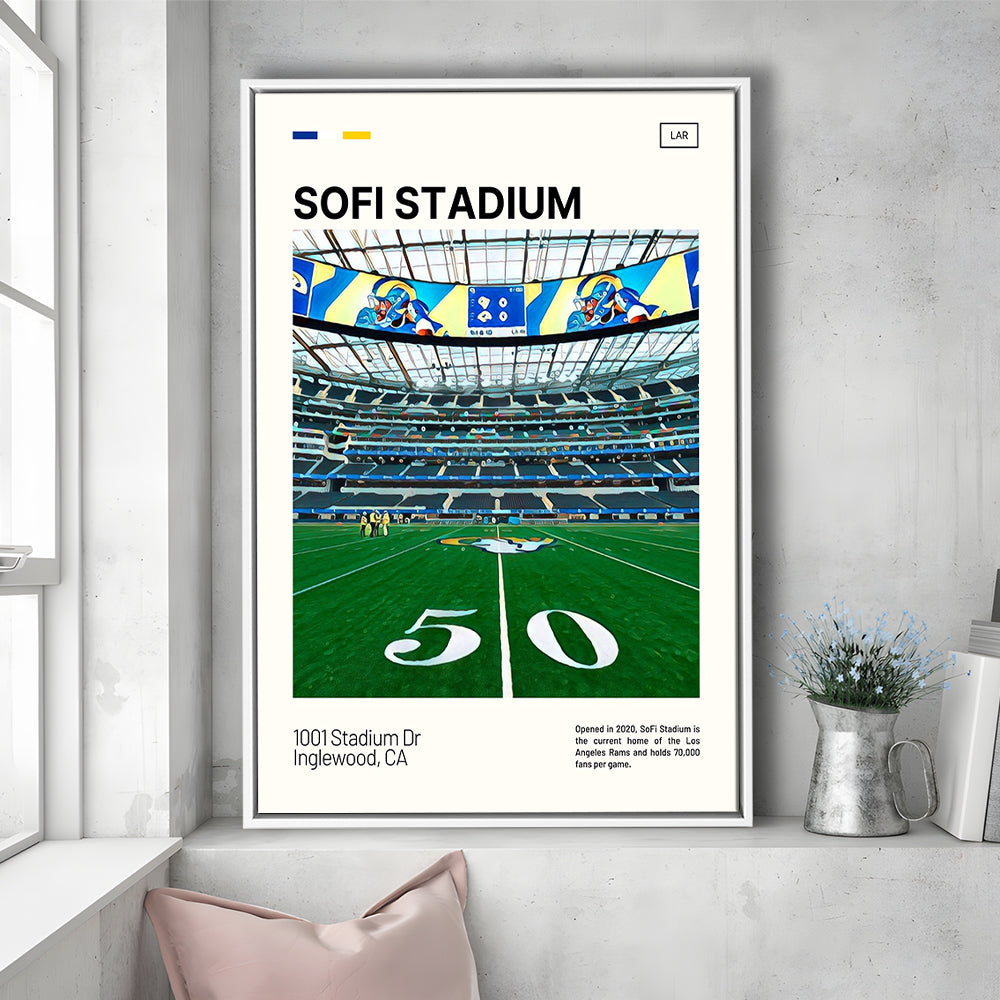 SoFi Stadium Print, Los Angeles Rams Stadium Canvas Art, Man Cave Gift, Floating Framed Canvas Print Wall Art