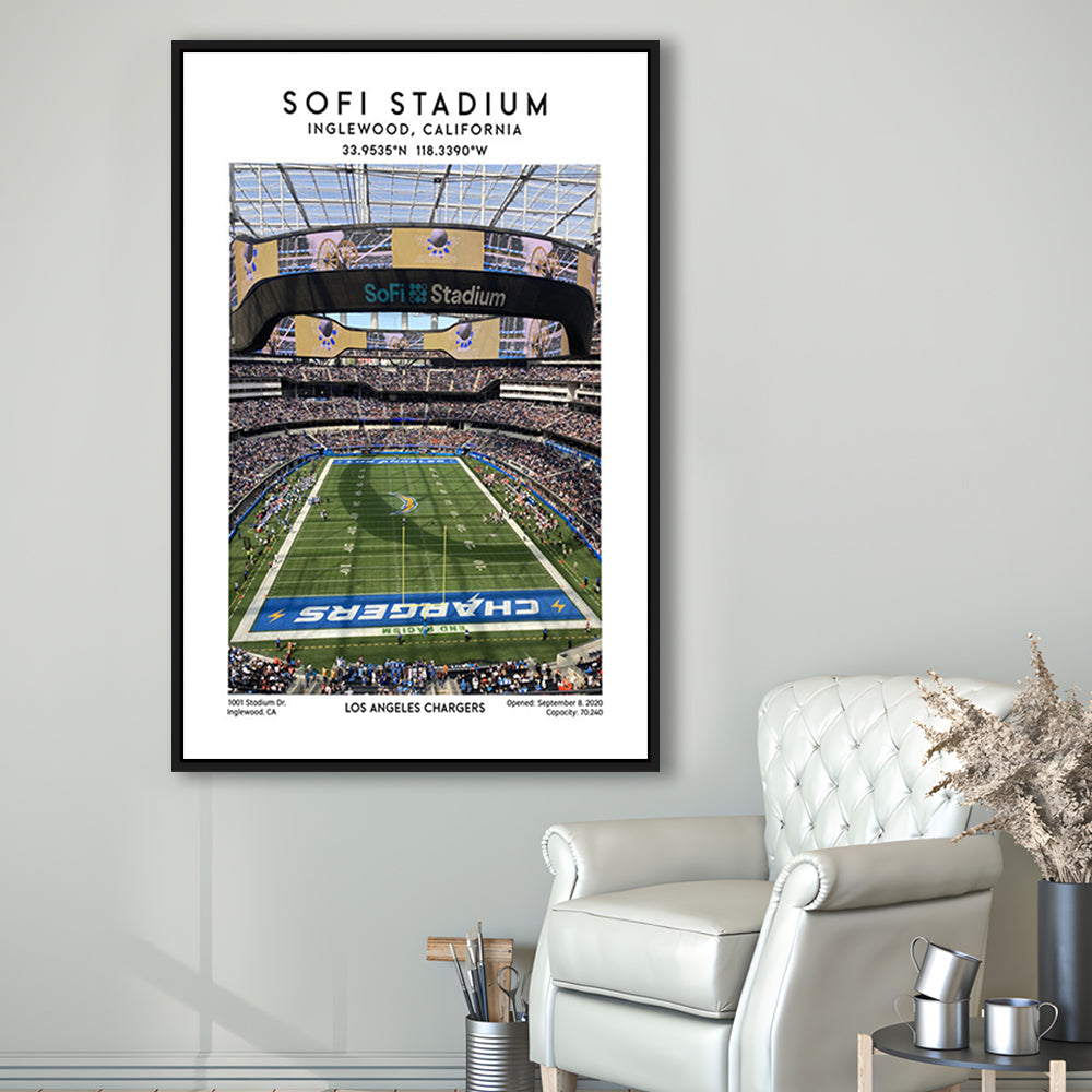 Sofi Stadium, Los Angeles Chargers Football Stadium Wall Art Print, Framed Canvas Prints Wall Art