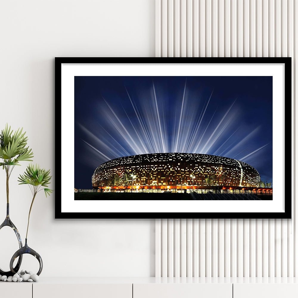 Soccer City South Africa, Stadium Canvas, Sport Art, Gift for him, White Border Framed Art Print Wall Decor