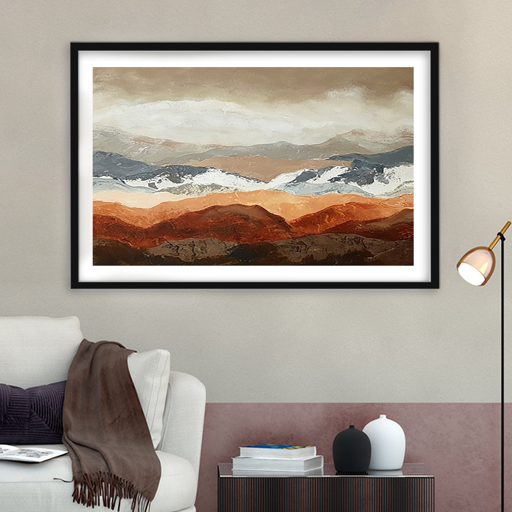 Soft Mountain View Large Stretched Floating Frame Wall Art Print, Framed Art Print White Border