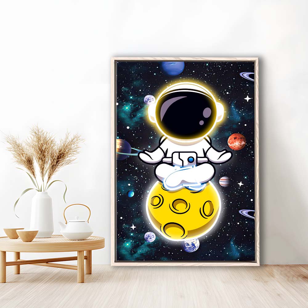 Solar System & Astronaut Boy, Framed Canvas Print, Floating Frame, Luxury Wall Art Decor