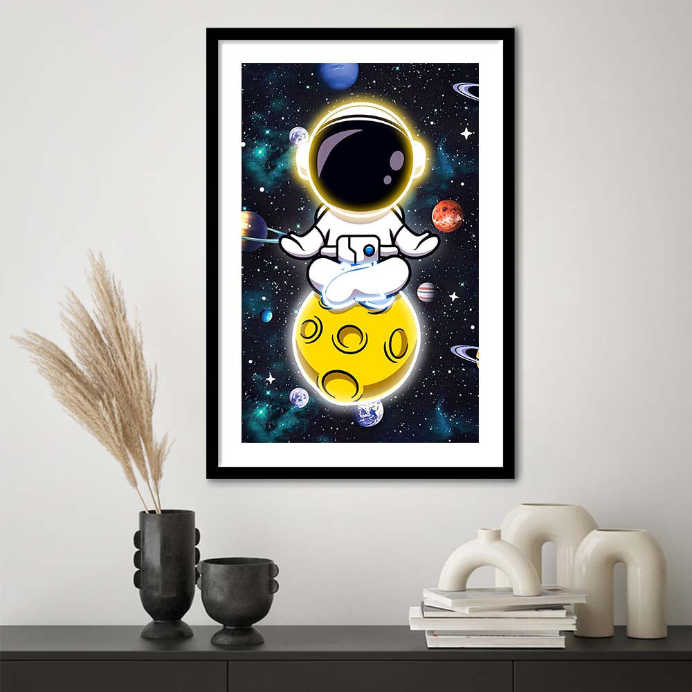 Solar System & Astronaut Boy, Framed Art Print, Luxury Pictures Framed, White Border