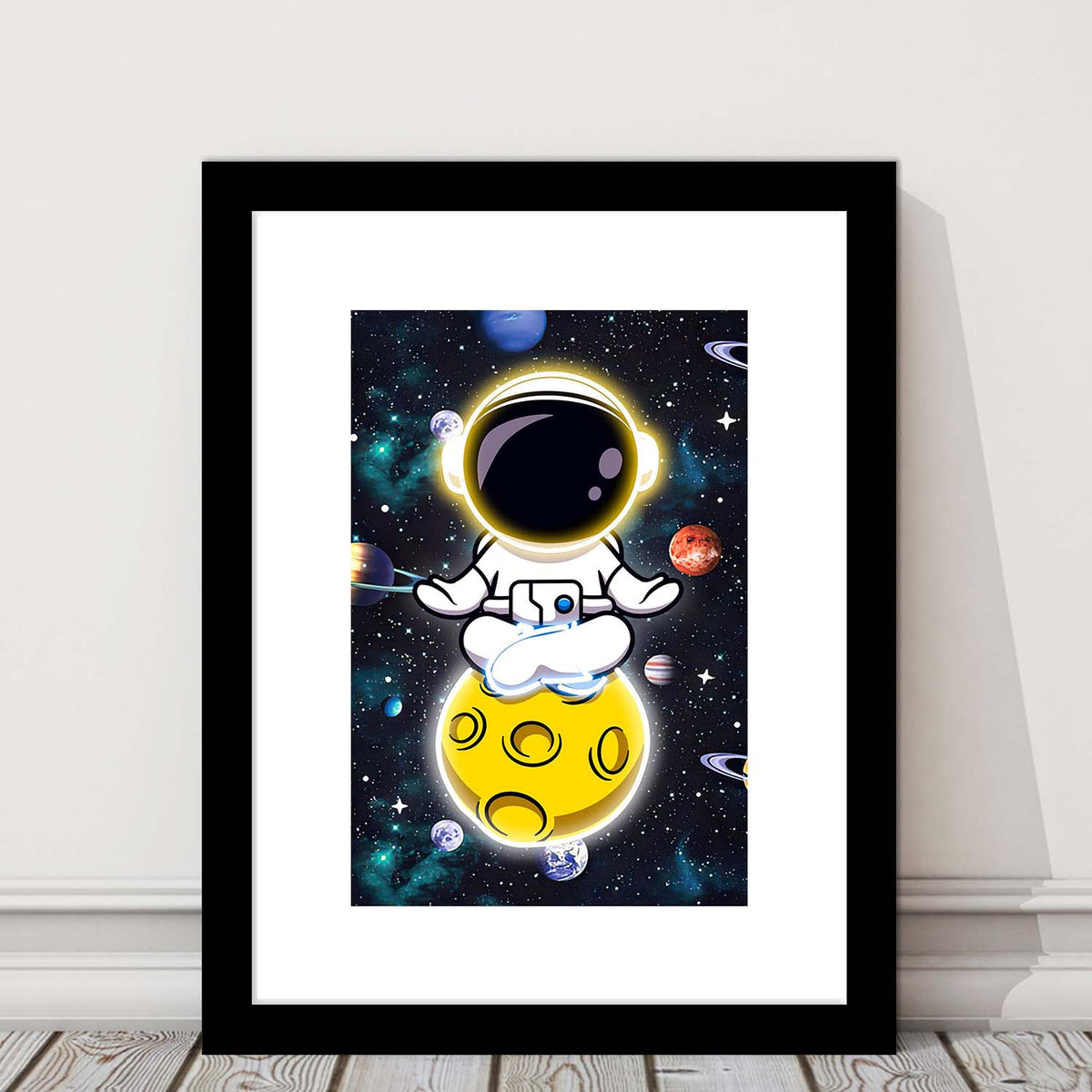 Solar System & Astronaut Boy, Framed Art Print, Luxury Pictures Framed, White Border
