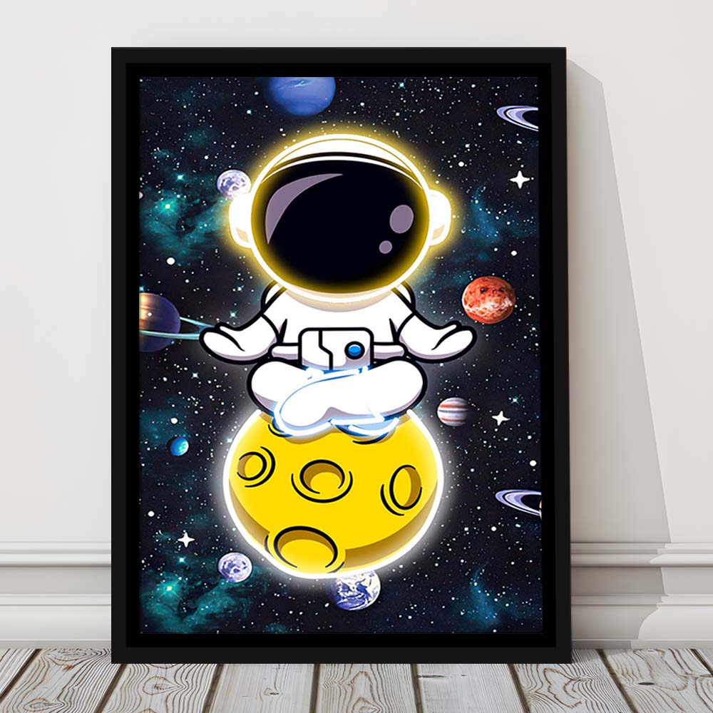 Solar System & Astronaut Boy, Framed Canvas Print, Floating Frame, Luxury Wall Art Decor