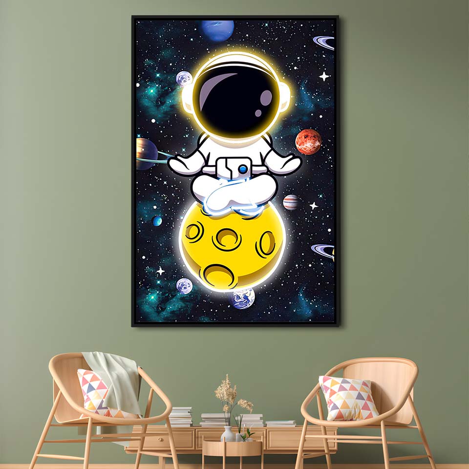 Solar System & Astronaut Boy, Framed Canvas Print, Floating Frame, Luxury Wall Art Decor