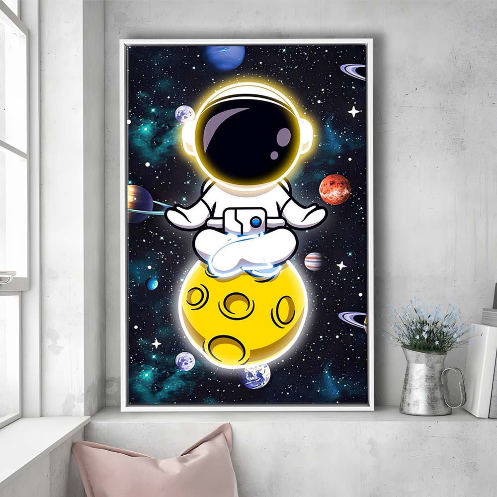Solar System & Astronaut Boy, Framed Canvas Print, Floating Frame, Luxury Wall Art Decor