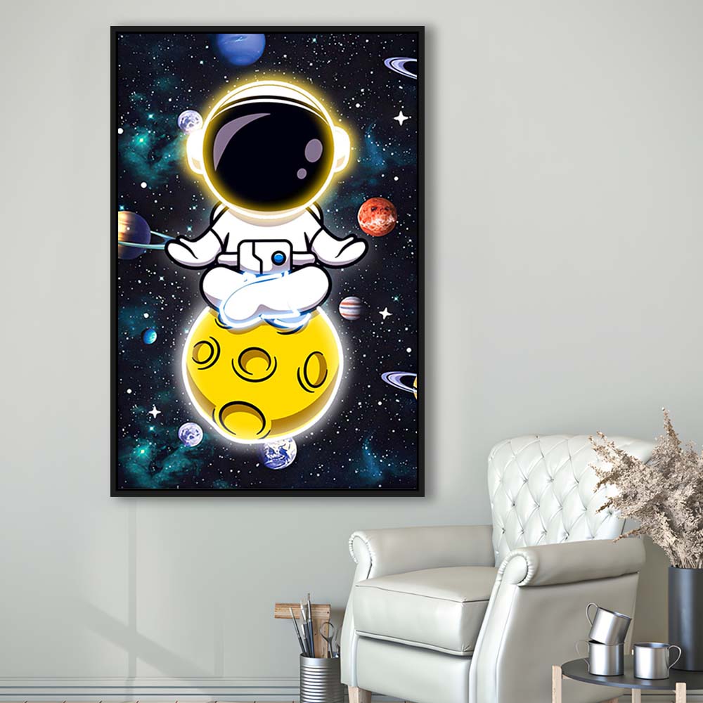 Solar System & Astronaut Boy, Framed Canvas Print, Floating Frame, Luxury Wall Art Decor