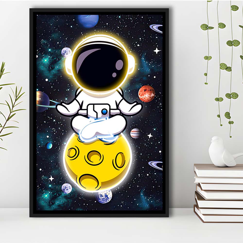 Solar System & Astronaut Boy, Framed Canvas Print, Floating Frame, Luxury Wall Art Decor