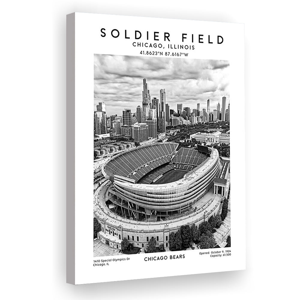 Soldier Field Stadium Black And White, Chicago Bears Football Stadium Wall Art Print, Canvas Prints Wall Art, Man Cave Decor