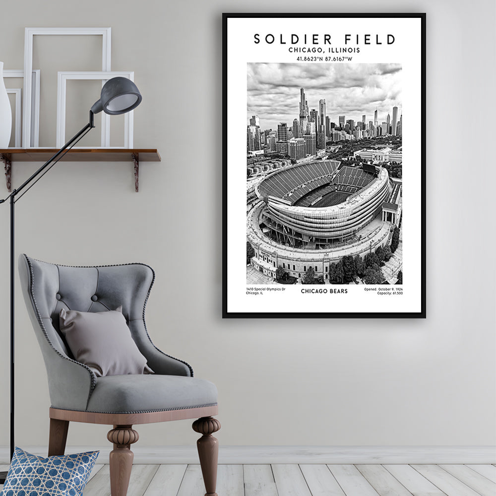 Soldier Field Stadium Black And White, Chicago Bears Football Stadium Wall Art Print, Framed Canvas Prints Wall Art