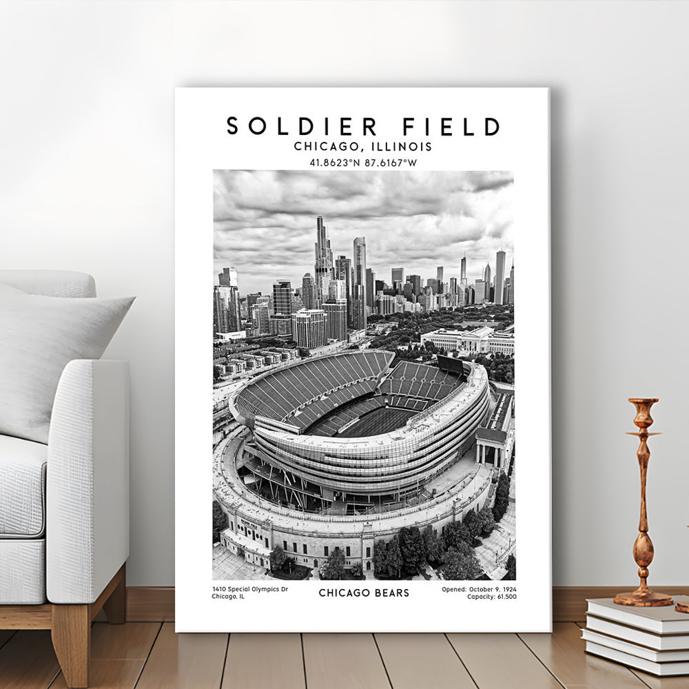 Soldier Field Stadium Black And White, Chicago Bears Football Stadium Wall Art Print, Canvas Prints Wall Art, Man Cave Decor