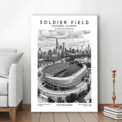 Soldier Field Stadium Black And White, Chicago Bears Football Stadium Wall Art Print, Canvas Prints Wall Art, Man Cave Decor