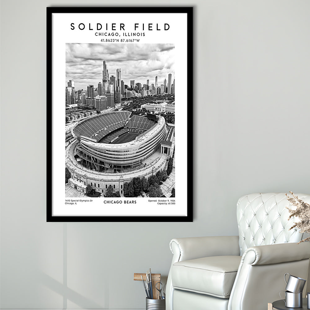 Soldier Field Stadium Black And White, Chicago Bears Football Stadium Wall Art Print, Framed Art Prints Wall Decor