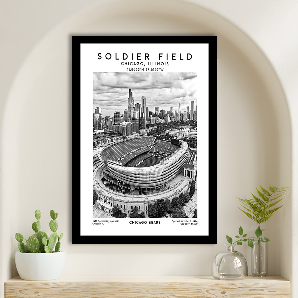 Soldier Field Stadium Black And White, Chicago Bears Football Stadium Wall Art Print, Framed Art Prints Wall Decor
