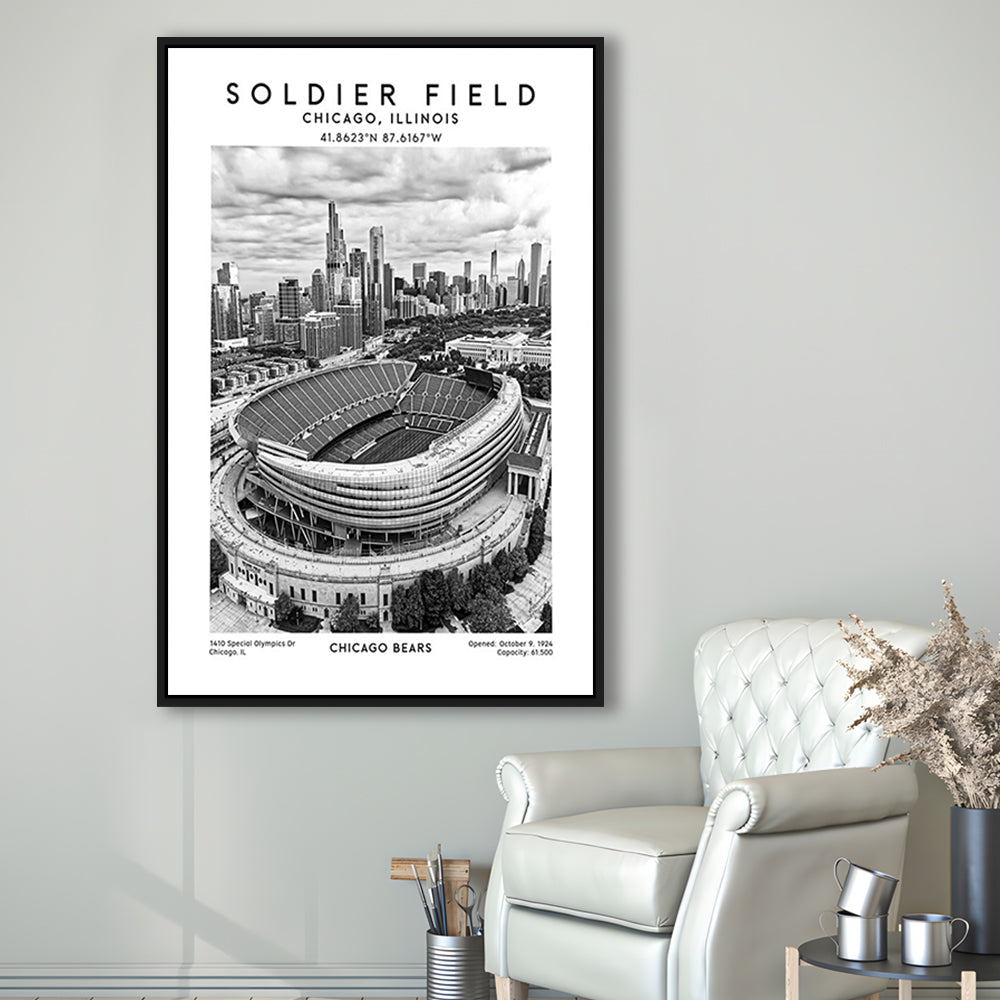 Soldier Field Stadium Black And White, Chicago Bears Football Stadium Wall Art Print, Framed Canvas Prints Wall Art