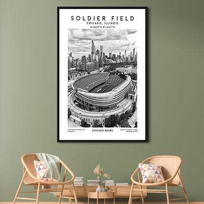 Soldier Field Stadium Black And White, Chicago Bears Football Stadium Wall Art Print, Framed Canvas Prints Wall Art