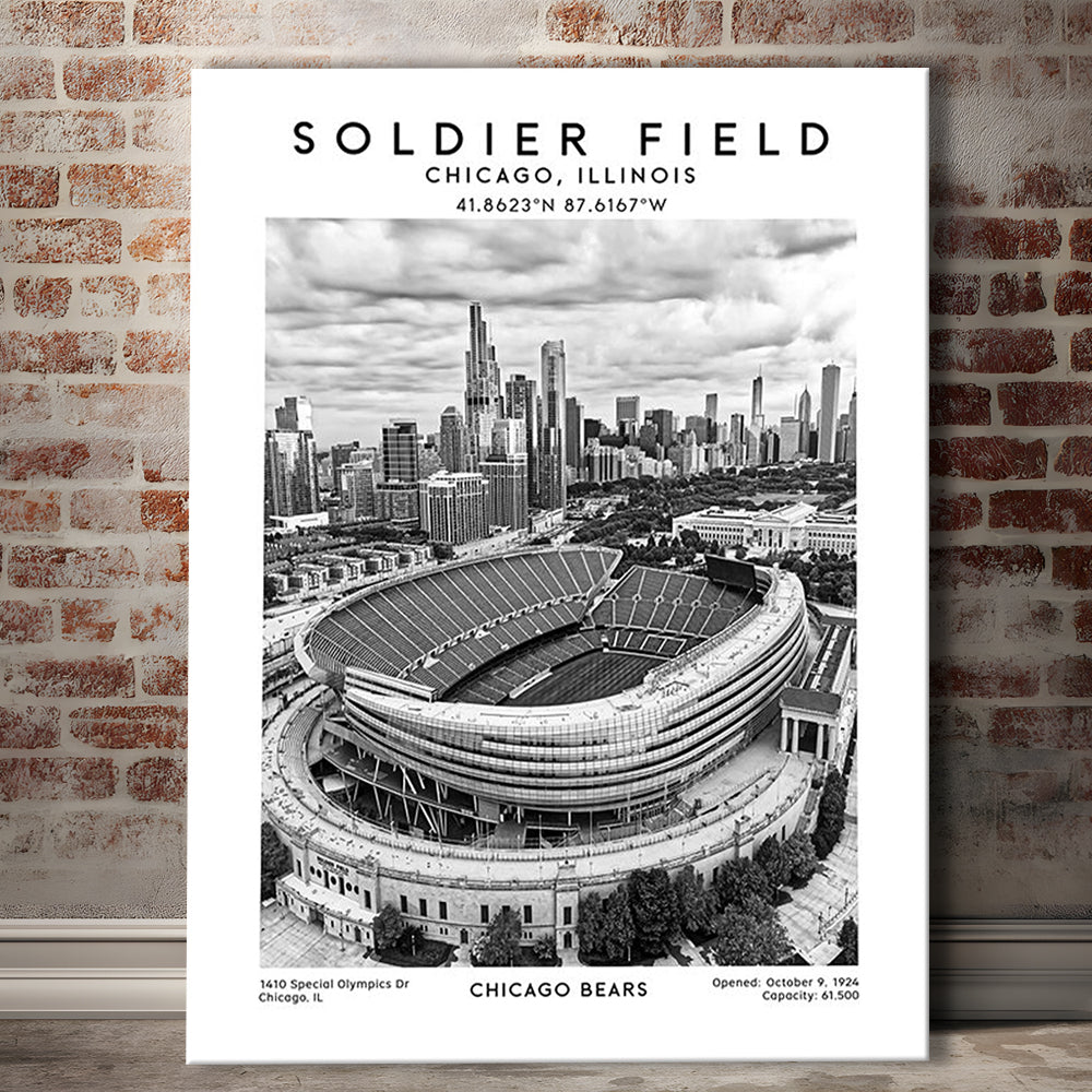 Soldier Field Stadium Black And White, Chicago Bears Football Stadium Wall Art Print, Canvas Prints Wall Art, Man Cave Decor