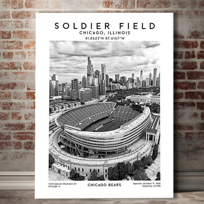 Soldier Field Stadium Black And White, Chicago Bears Football Stadium Wall Art Print, Canvas Prints Wall Art, Man Cave Decor