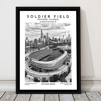 Soldier Field Stadium Black And White, Chicago Bears Football Stadium Wall Art Print, Framed Canvas Prints Wall Art