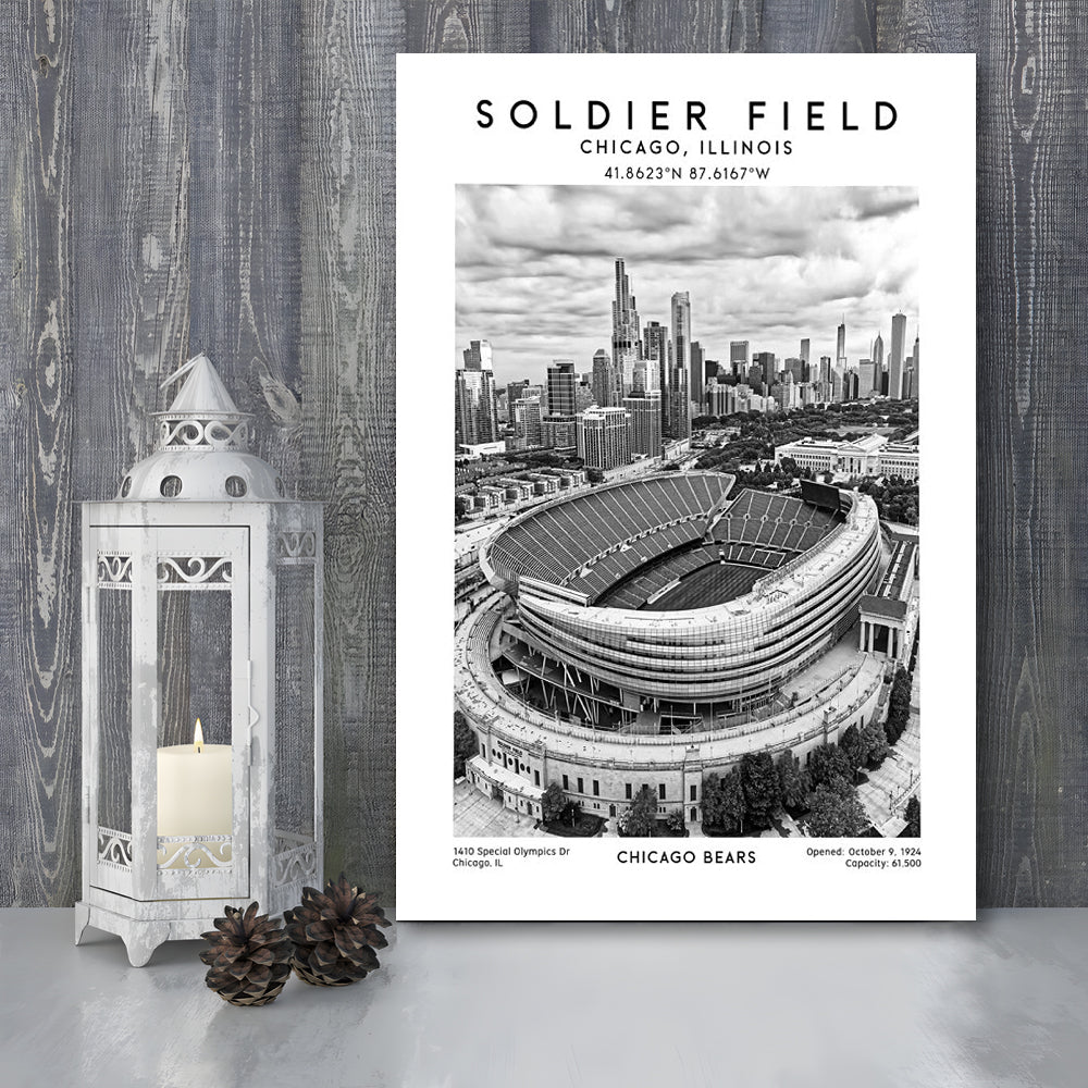 Soldier Field Stadium Black And White, Chicago Bears Football Stadium Wall Art Print, Canvas Prints Wall Art, Man Cave Decor