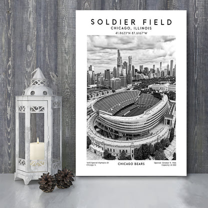 Soldier Field Stadium Black And White, Chicago Bears Football Stadium Wall Art Print, Canvas Prints Wall Art, Man Cave Decor