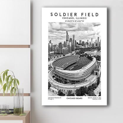 Soldier Field Stadium Black And White, Chicago Bears Football Stadium Wall Art Print, Canvas Prints Wall Art, Man Cave Decor