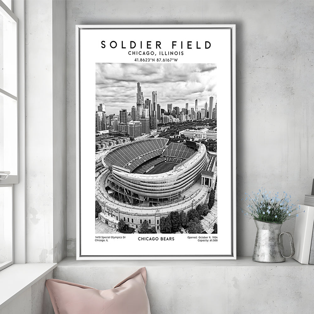 Soldier Field Stadium Black And White, Chicago Bears Football Stadium Wall Art Print, Framed Canvas Prints Wall Art