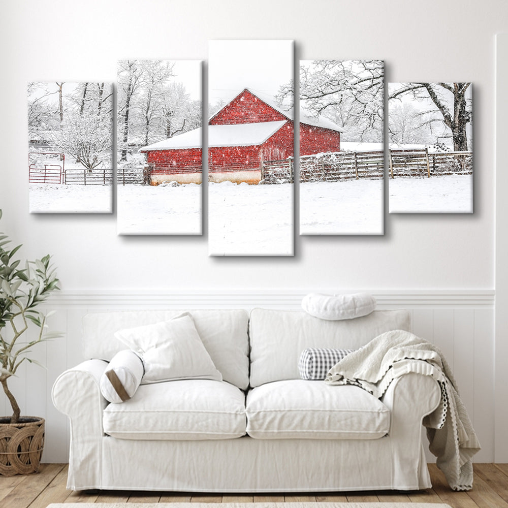 Southern red barn in the snow, 5 Piece Large Cavas Print Wall Art