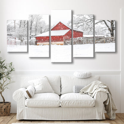 Southern red barn in the snow, 5 Piece Large Cavas Print Wall Art