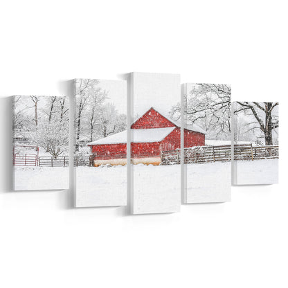 Southern red barn in the snow, 5 Piece Large Cavas Print Wall Art