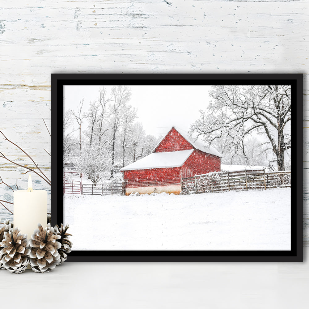 Southern Red Barn In The Snow, Framed Cavas Print, Floating Frame