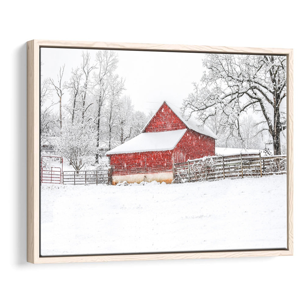 Southern Red Barn In The Snow, Framed Cavas Print, Floating Frame