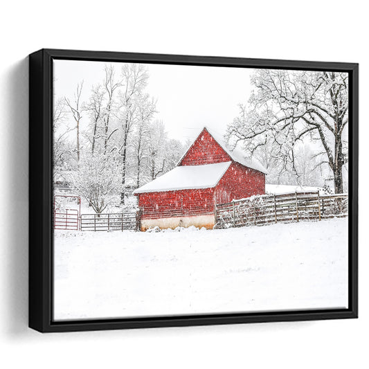 Southern Red Barn In The Snow, Framed Cavas Print, Floating Frame
