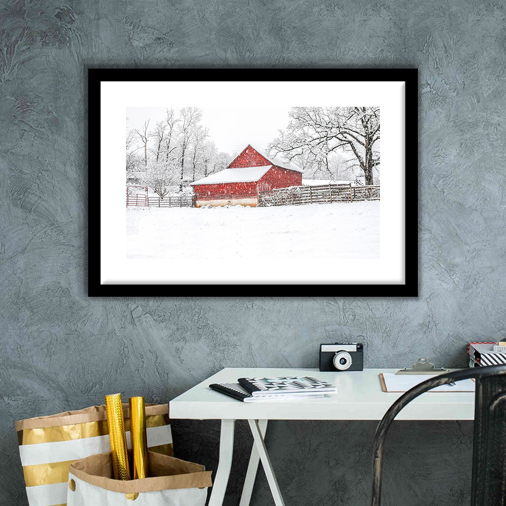 Southern Red Barn In The Snow, Framed Art Print White Border, Framed Picture