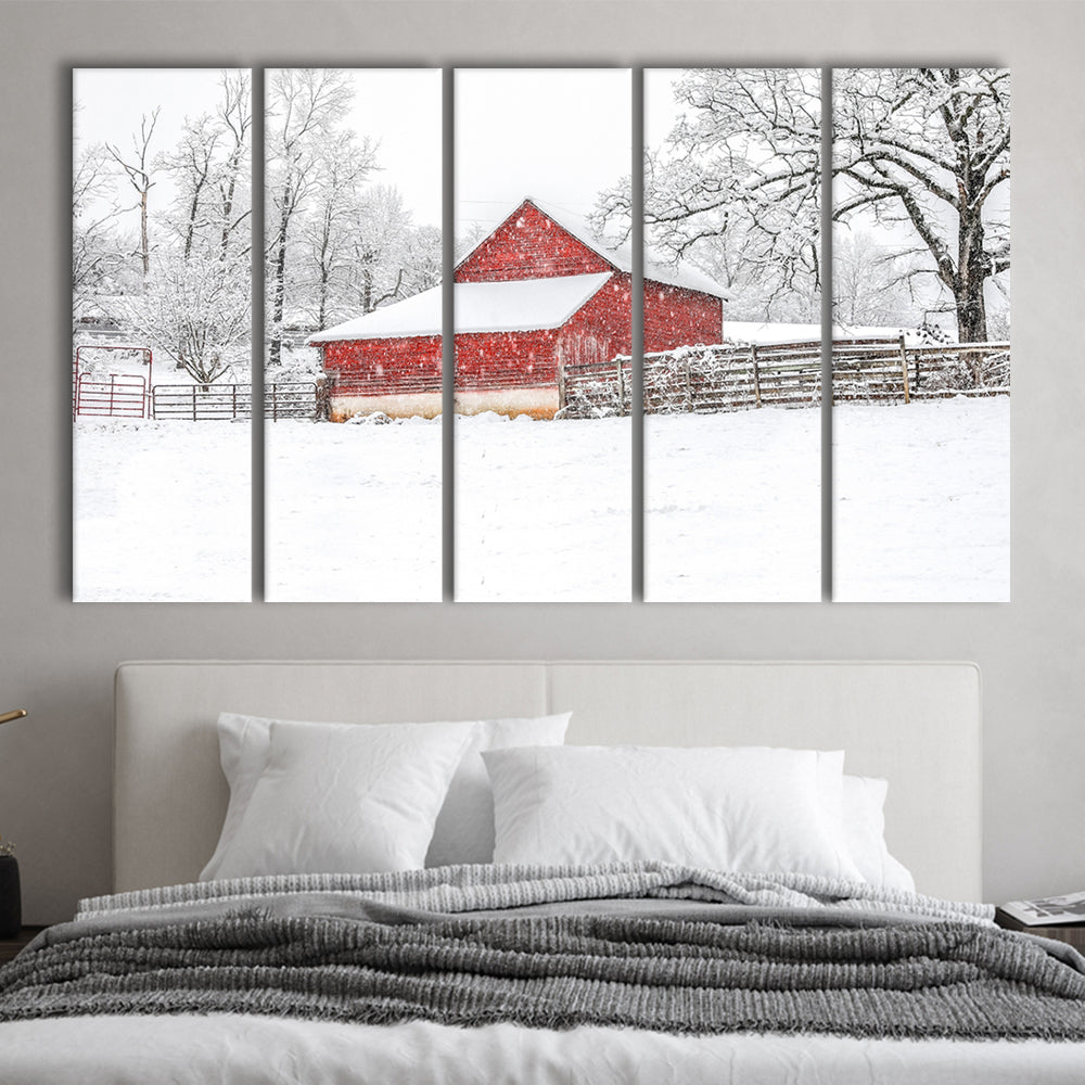 Southern red barn in the snow, 5 Piece B Extra Large Cavas Print Wall Art Decor