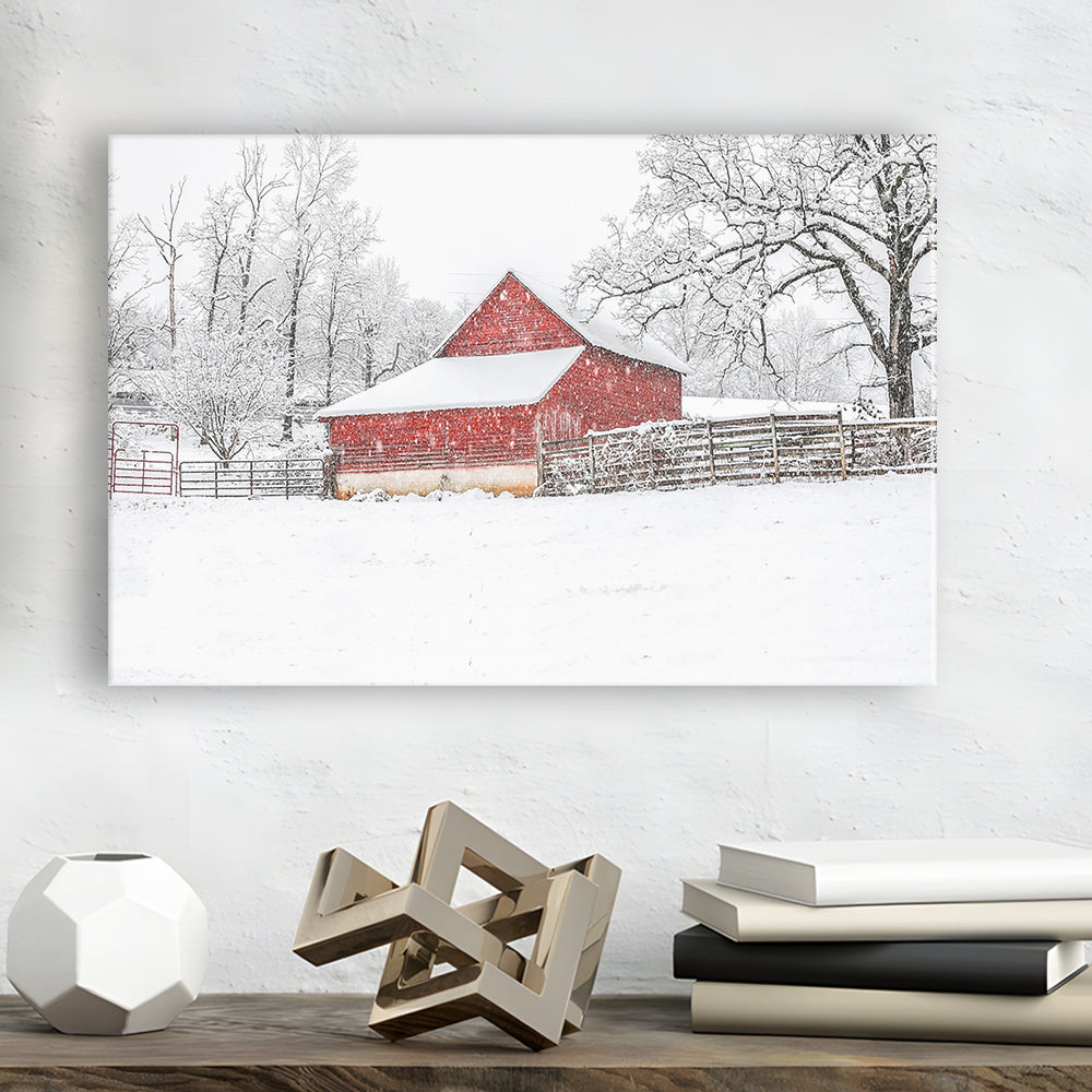 Southern red barn in the snow, Cavas Print Wall Art Hom Decor
