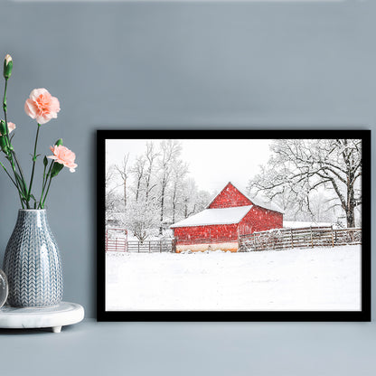 Southern Red Barn In The Snow, Framed Art Print, Picture Framed