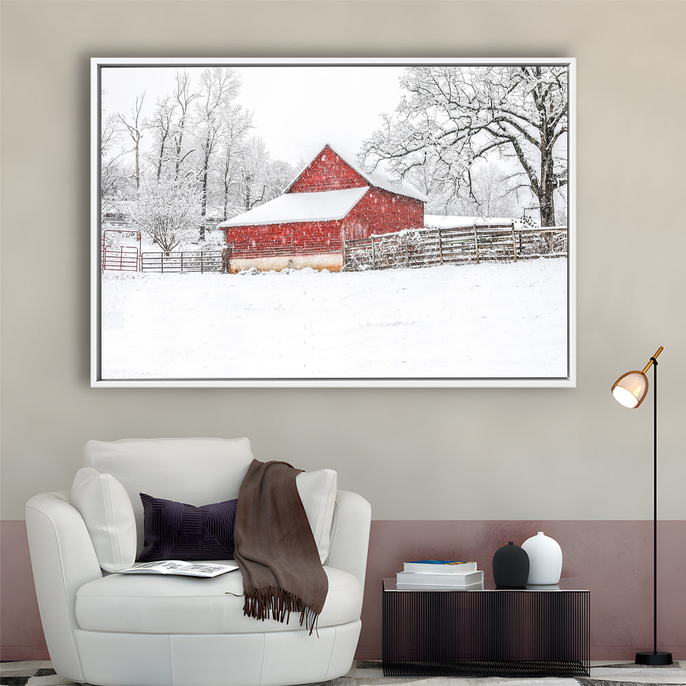 Southern Red Barn In The Snow, Framed Cavas Print, Floating Frame