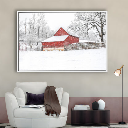 Southern Red Barn In The Snow, Framed Cavas Print, Floating Frame