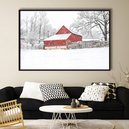 Southern Red Barn In The Snow, Framed Cavas Print, Floating Frame