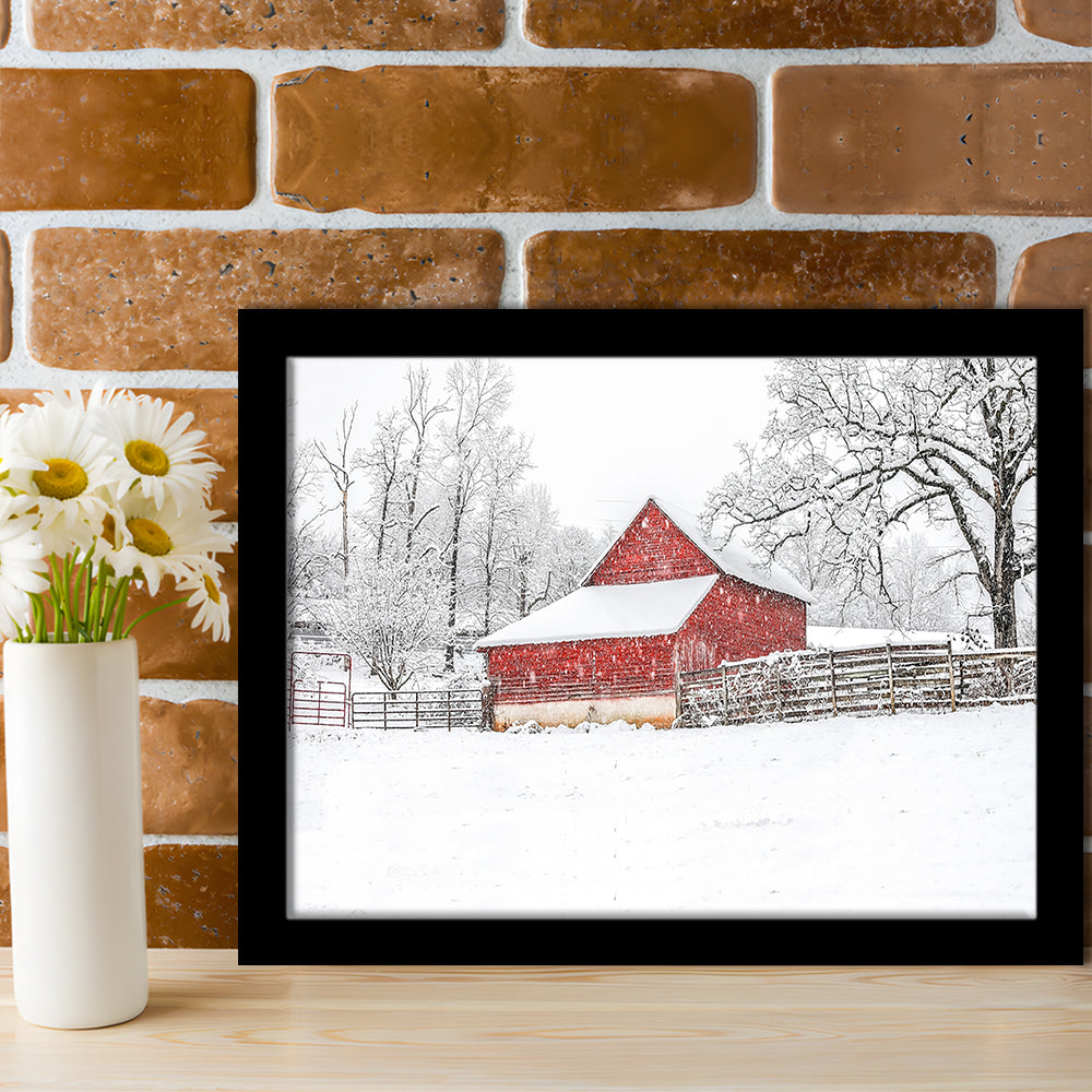 Southern Red Barn In The Snow, Framed Art Print, Picture Framed