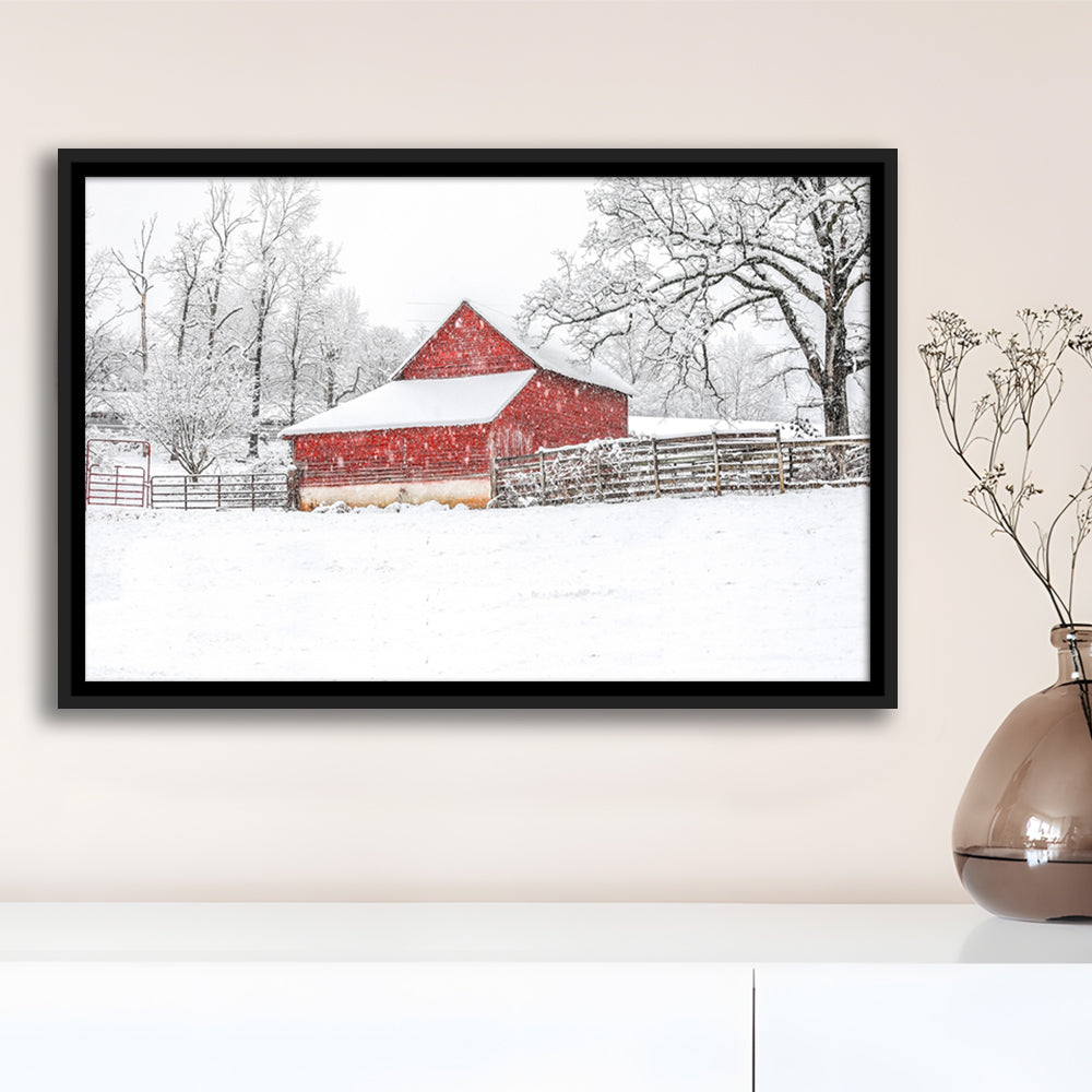 Southern Red Barn In The Snow, Framed Cavas Print, Floating Frame