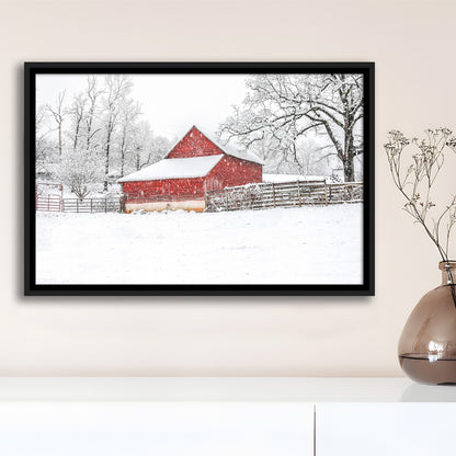 Southern Red Barn In The Snow, Framed Cavas Print, Floating Frame