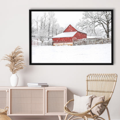 Southern Red Barn In The Snow, Framed Cavas Print, Floating Frame