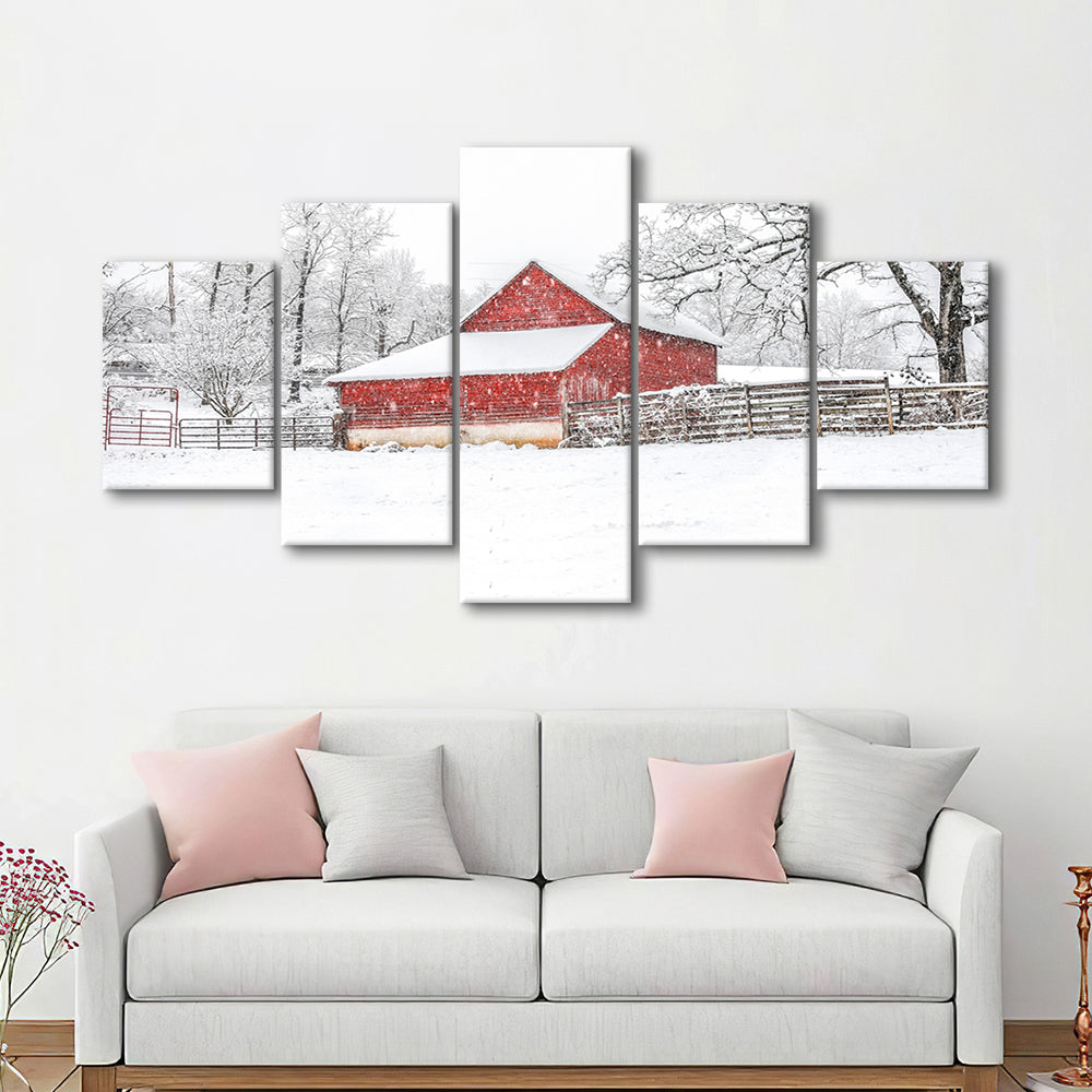 Southern red barn in the snow, 5 Piece Large Cavas Print Wall Art