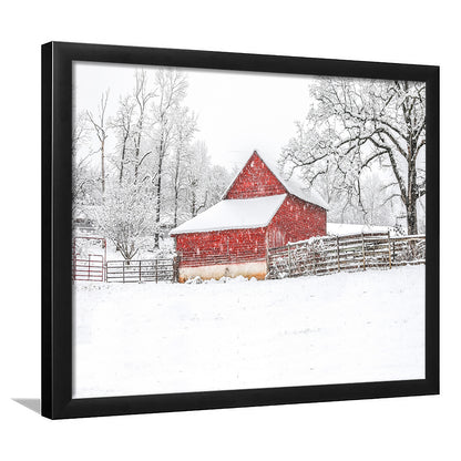 Southern Red Barn In The Snow, Framed Art Print, Picture Framed