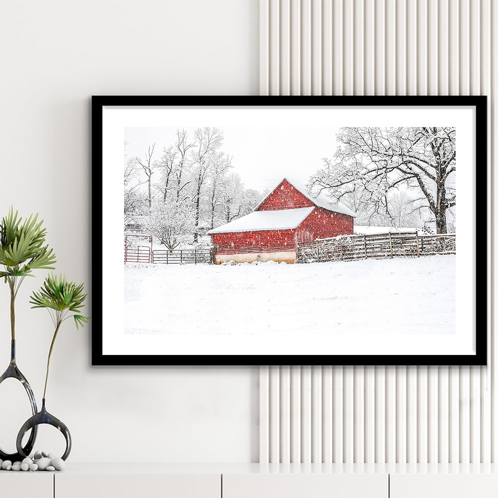Southern Red Barn In The Snow, Framed Art Print White Border, Framed Picture